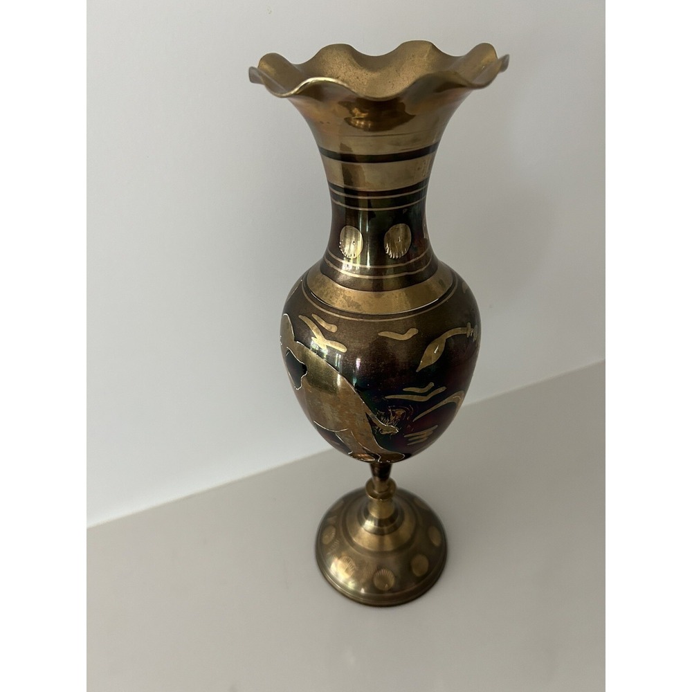 Vtg Brass Vase India 11" Crafted  Elephant Inlay Design scallop rim quality pc